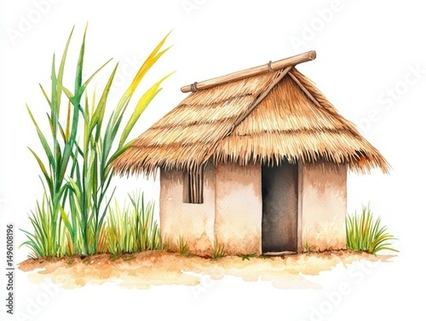 Fototapeta Traditional Grass Roof Hut Surrounded by Green Plants and Decorative Grass in Watercolor Style