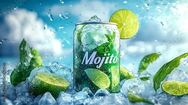 Fototapeta Refreshing beverage can with lime and ice.
