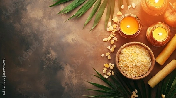 Obraz Golden candles and spa salts on a textured surface.