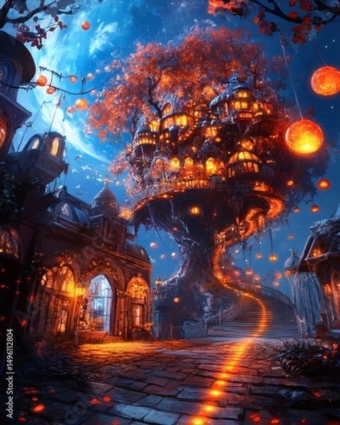 Fototapeta A mystical night scene of a treehouse village with glowing lights. The houses are nestled within the branches of a large tree, with a starry sky and moon overhead