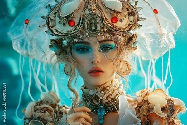 Fototapeta Enchanting portrait of a woman adorned in elaborate seashell-themed attire against an ethereal blue backdrop. Her captivating gaze draws the viewer in.
