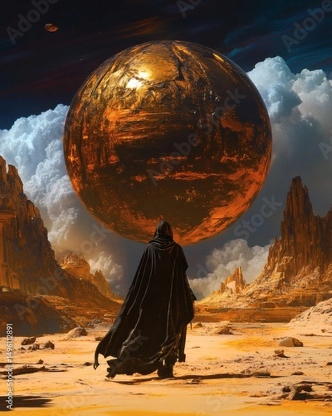 Fototapeta A lone figure facing a giant golden sphere in a desert landscape under a cloudy sky. The image evokes a sense of awe, mystery, and contemplation.