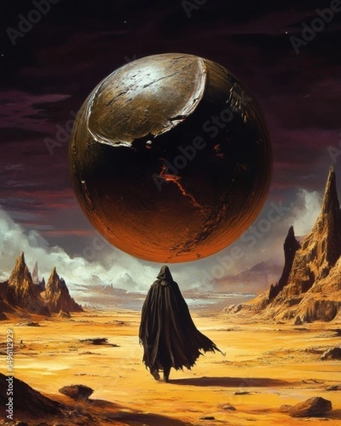 Fototapeta Mysterious Figure carrying a giant sphere in a desolate desert landscape
