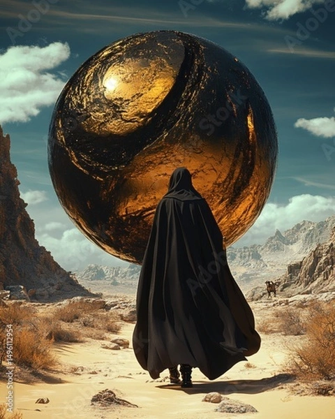Fototapeta A solitary figure in a dark robe approaching a massive, glowing orb. The scene evokes mystery and contemplation