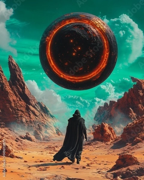 Fototapeta A solitary figure in a hooded cloak stands before a giant glowing orb suspended in the sky, evoking a sense of mystery and wonder. The scene is set against a desert landscape.