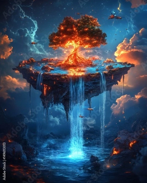 Fototapeta Fiery Tree of Life on a Floating Island