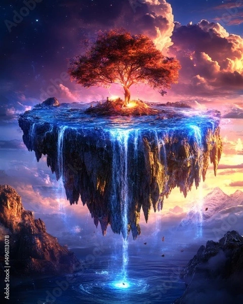 Fototapeta A fantasy image of a floating island with a tree and a waterfall