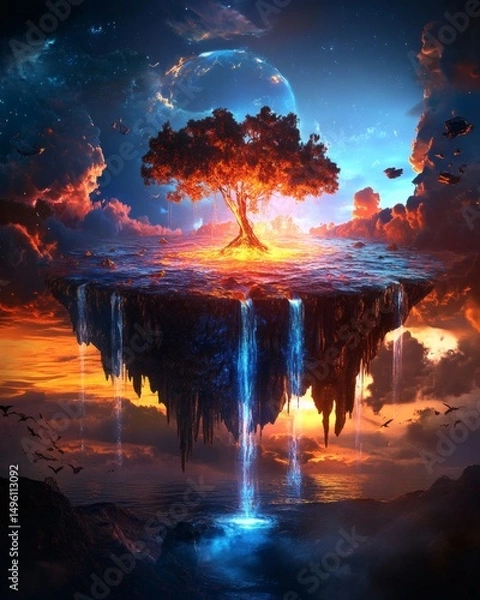 Fototapeta A stunning tree glows atop a floating island, with waterfalls cascading into a mystical realm. The image is set against a beautiful sunset sky with planets and clouds.