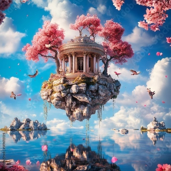 Fototapeta A dreamy island with cherry blossoms in sky. A floating island with a classical style pavilion surrounded by cherry blossom trees, birds and reflected on the lake