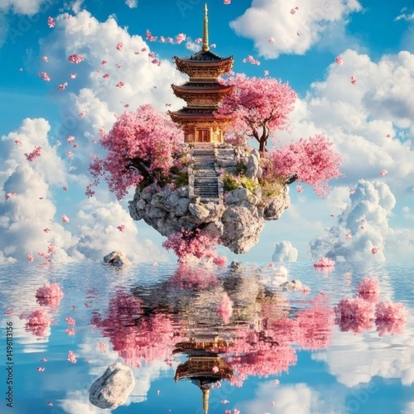 Fototapeta A tranquil scene of a traditional pagoda resting on a floating island, surrounded by blooming cherry blossoms and fluffy clouds, with a reflection in the water