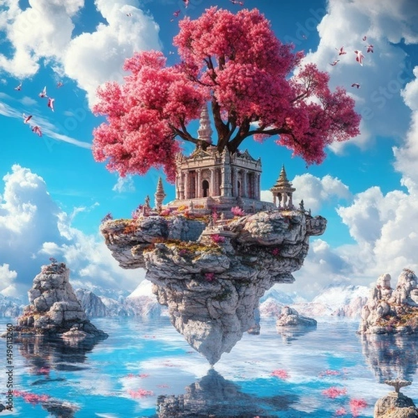 Fototapeta A fantasy floating island with a temple and a blooming cherry tree, with a scenic blue sky and serene water reflection. 