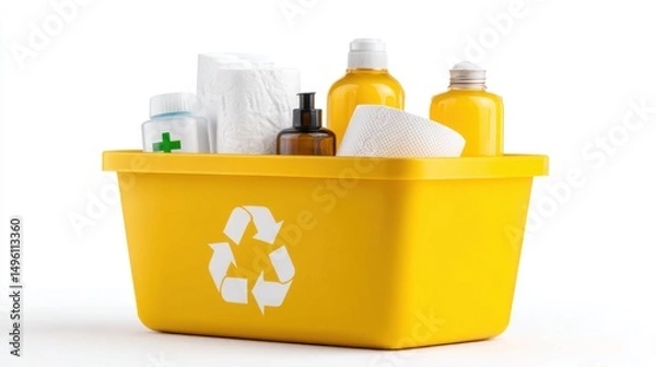 Obraz Medical waste disposal container filled with various medical tools in a clean setting for safe waste management