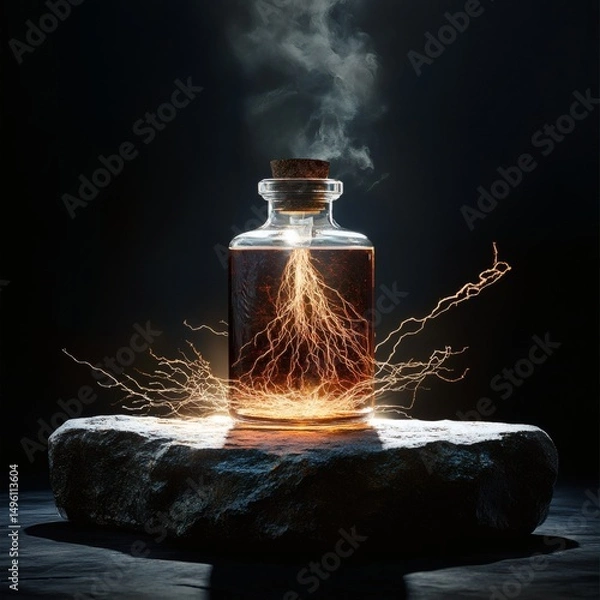 Fototapeta A mysterious and intriguing image of a glass bottle emitting smoke, set on a stone