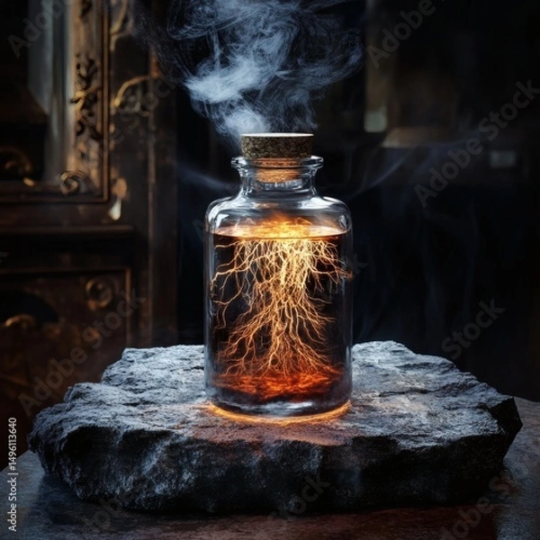 Fototapeta A mysterious and intriguing image of a glass bottle emitting smoke, set on a stone