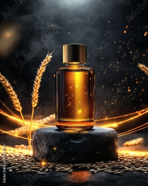 Fototapeta A mysterious and intriguing image of a glass bottle emitting smoke, set on a stone