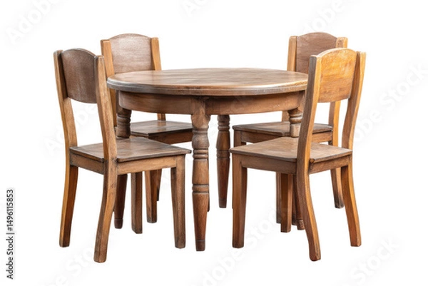 Fototapeta PNG Rustic wooden dining table with four chairs on white background