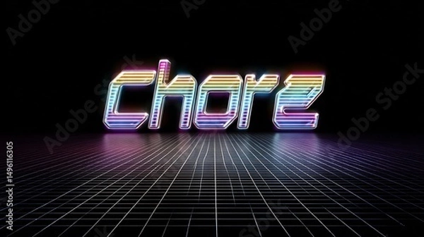 Fototapeta Retro Style 'Chore' Text Effect on Black Grid Background, Nostalgic 80s Design