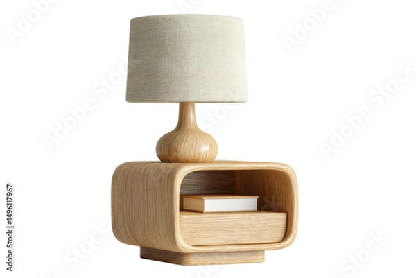 Fototapeta PNG Elegant wooden nightstand with built-in bookshelf and modern lamp