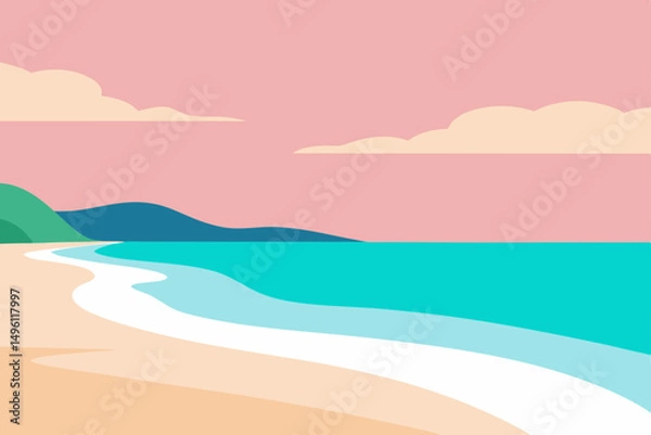 Fototapeta flat beach scene with pastel colors 4k vector illustration background