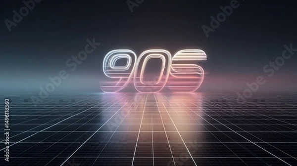 Fototapeta Neon 90s text effect on a retro grid background glowing with vibrant colors