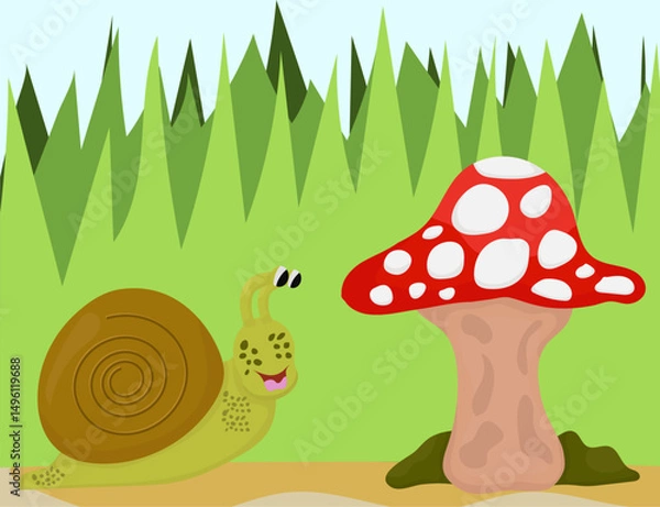 Fototapeta Snail and Mushroom in Cartoon Forest Scene Vector