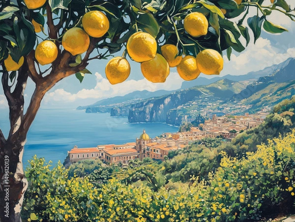 Fototapeta Sorrento cityscape with lemon tree overlooking Mediterranean sea