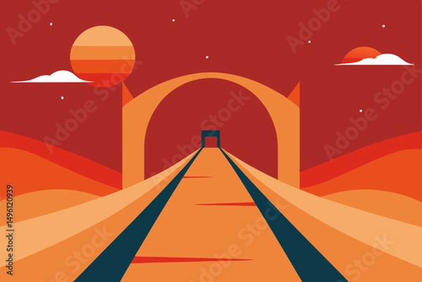 Fototapeta Desert bridge to another dimension surreal landscape vector illustration background