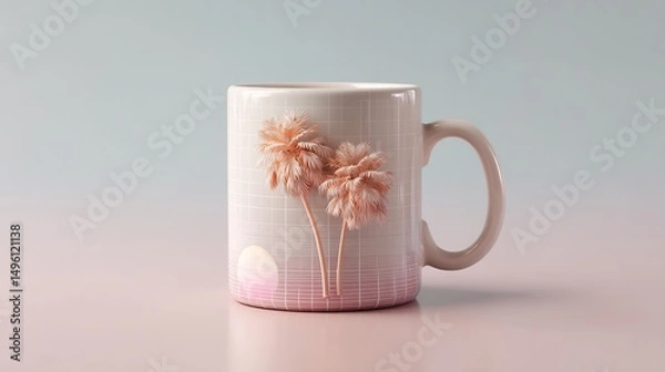 Fototapeta Aesthetic mug adorned with stylized palm tree design evoking nostalgic summer vibes
