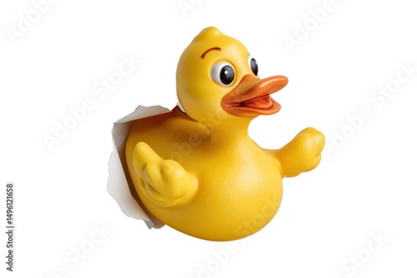 Fototapeta PNG Yellow rubber duck breaking through paper wall in playful scene