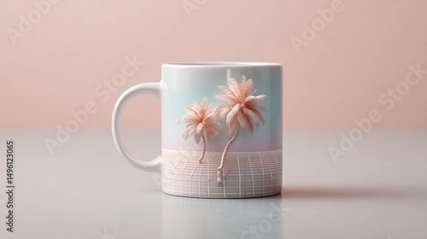 Fototapeta Pastel Palm Tree Mug on Pink Background: A Blend of Tropical and Modern Design