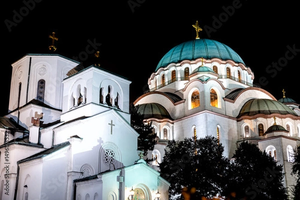 Obraz Saint Sava temple shining during night time in Belgrade, Serbia