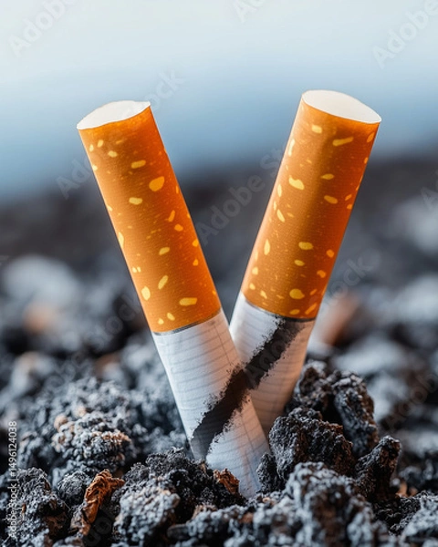 Fototapeta  Broken cigarettes in ashes symbolizing smoking cessation