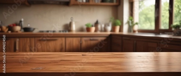 Obraz Warm brown wood table, soft-focus kitchen backdrop,  shadow, table top