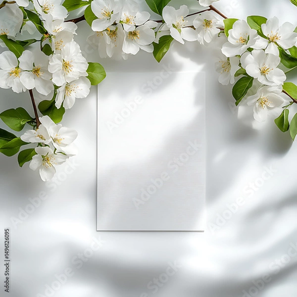 Obraz blank white card framed with spring blossoms and green leaves on silk background for custom design card, wedding card, invitation card, thank you card, empty card, save the date