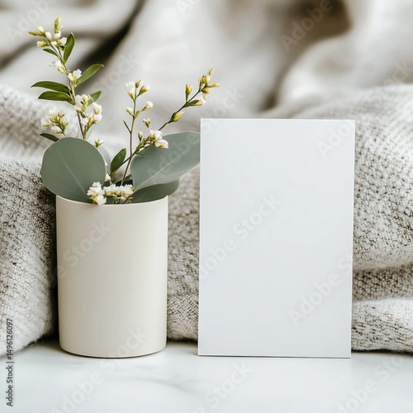 Obraz blank white card framed with spring blossoms and green leaves on silk background for custom design card, wedding card, invitation card, thank you card, empty card, save the date