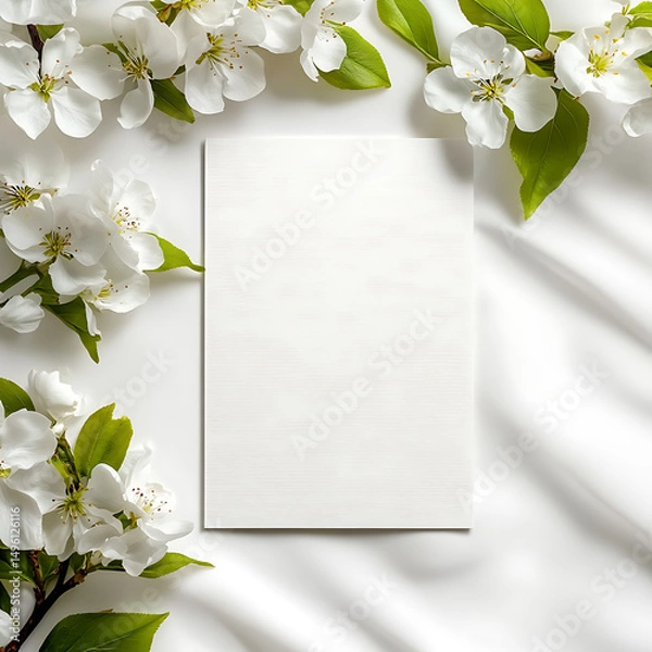 Obraz blank white card framed with spring blossoms and green leaves on silk background for custom design card, wedding card, invitation card, thank you card, empty card, save the date
