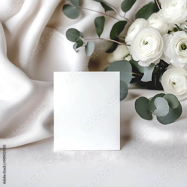 Obraz blank white card framed with spring blossoms and green leaves on silk background for custom design card, wedding card, invitation card, thank you card, empty card, save the date