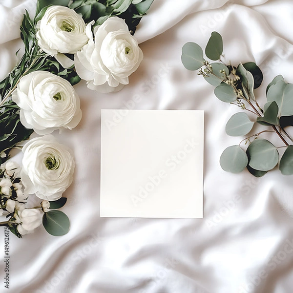 Obraz blank white card framed with spring blossoms and green leaves on silk background for custom design card, wedding card, invitation card, thank you card, empty card, save the date