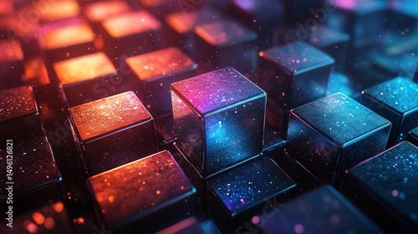 Obraz Shiny metallic colorful cubes form an abstract 3D geometric pattern, symbolizing modernity, innovation, structure, complexity, and vibrant energy in a sleek futuristic design.
