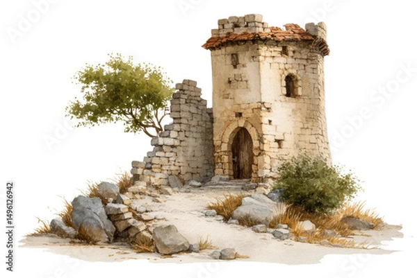 Fototapeta PNG Medieval stone tower with archway and ruins in natural landscape