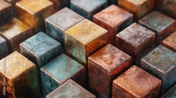 Fototapeta Shiny metallic colorful cubes form an abstract 3D geometric pattern, symbolizing modernity, innovation, structure, complexity, and vibrant energy in a sleek futuristic design.
