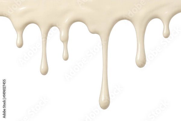 Fototapeta Creamy white liquid cascading, forming glossy viscous droplets against transparent backdrop, perfect for culinary visual design