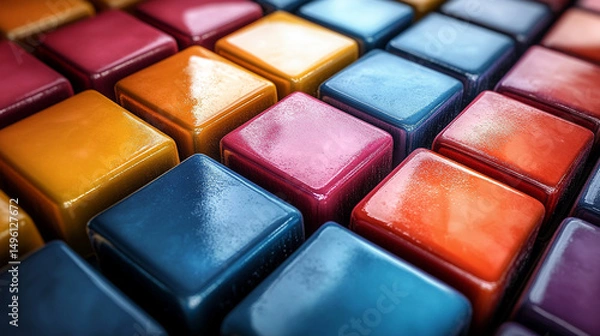 Fototapeta Shiny metallic colorful cubes form an abstract 3D geometric pattern, symbolizing modernity, innovation, structure, complexity, and vibrant energy in a sleek futuristic design.
