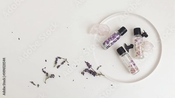 Obraz Tranquil spa still life with floral oils lavender and healing crystals for relaxation and self care