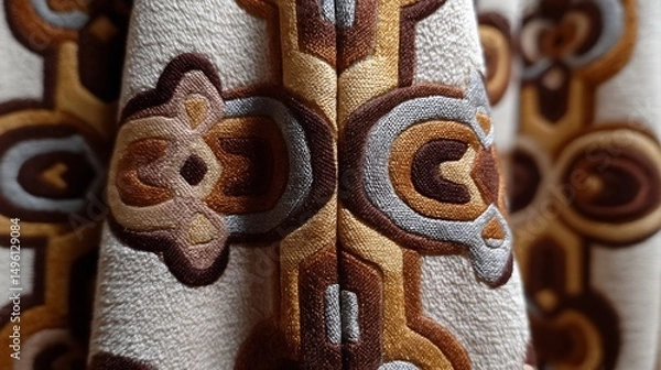 Fototapeta Elegant retro fabric pattern with geometric shapes in earth tones for backgrounds