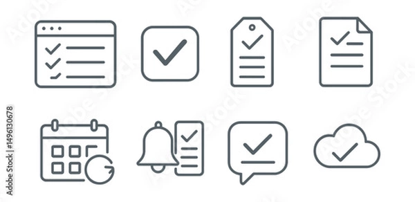 Obraz Line style icons of digital checklist tools: online to-do list icon, checkmark app badge, editable list tag, task planner file, sync with calendar board, reminder function chart, task review bubble,