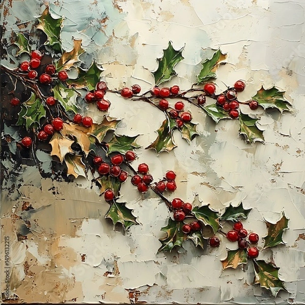 Obraz Holly branches with berries against a textured background.
