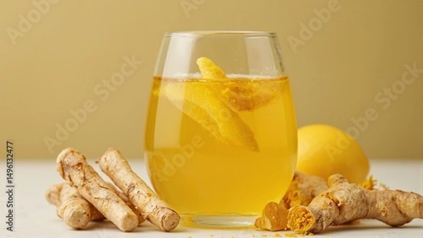 Obraz Refreshing turmeric ginger immunity shot in a glass vial garnished with lemon wedges and root pieces perfect for a healthy lifestyle