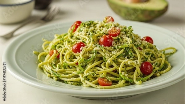 Obraz Delicious avocado pasta with spiralized zucchini in pesto sauce topped with cherry tomatoes Fresh and vibrant vegetarian meal option