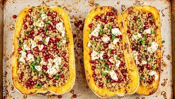 Obraz Delicious roasted squash halves filled with quinoa vibrant pomegranate seeds and savory feta cheese Perfect for food and health concepts